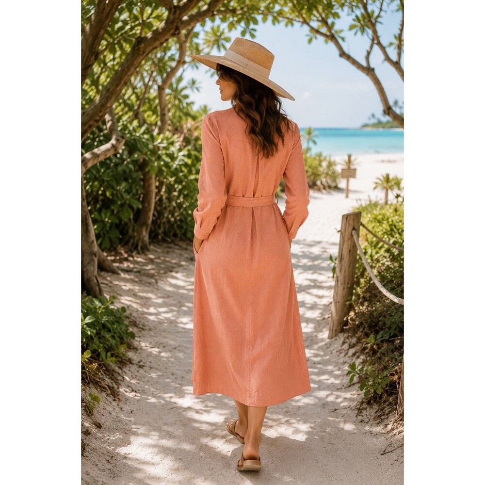 100% Silk Textured Midi Dress     Peach Blush Belted Pockets Size 8 - Picture 7 of 13